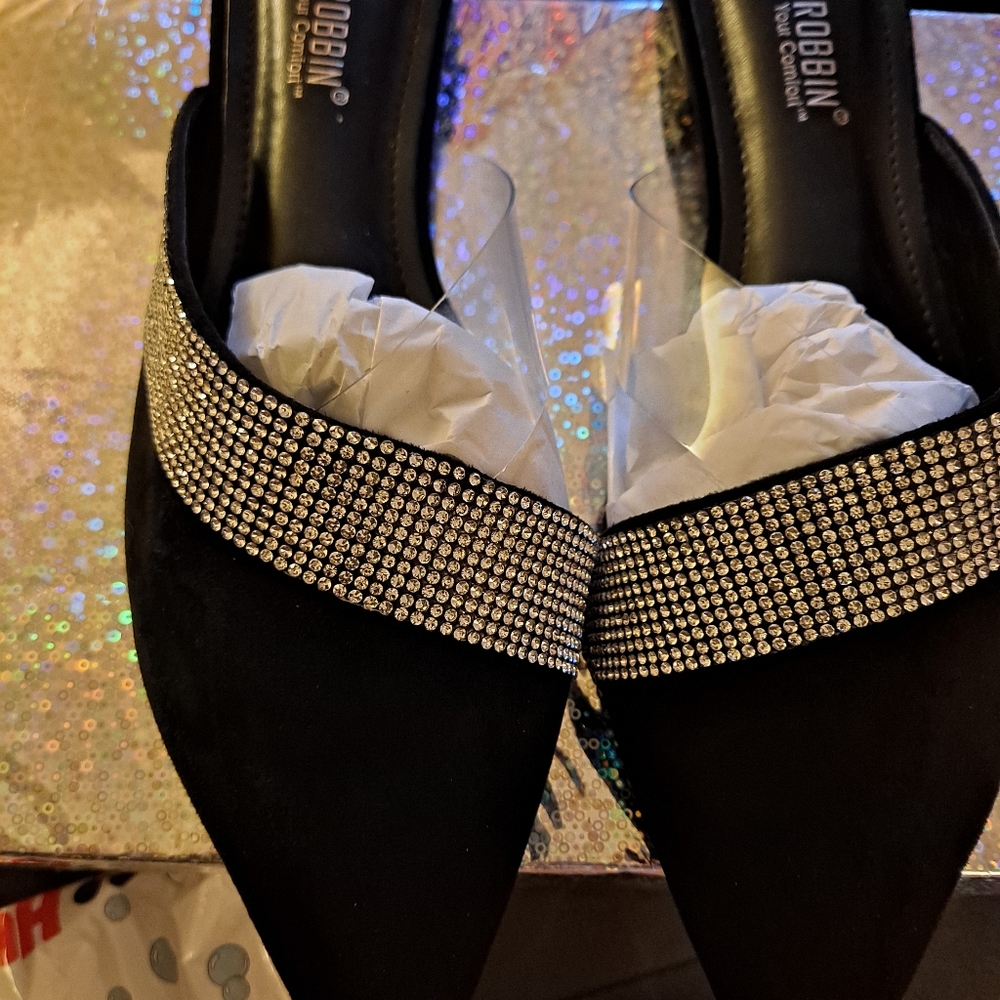Black and rhinestone mules